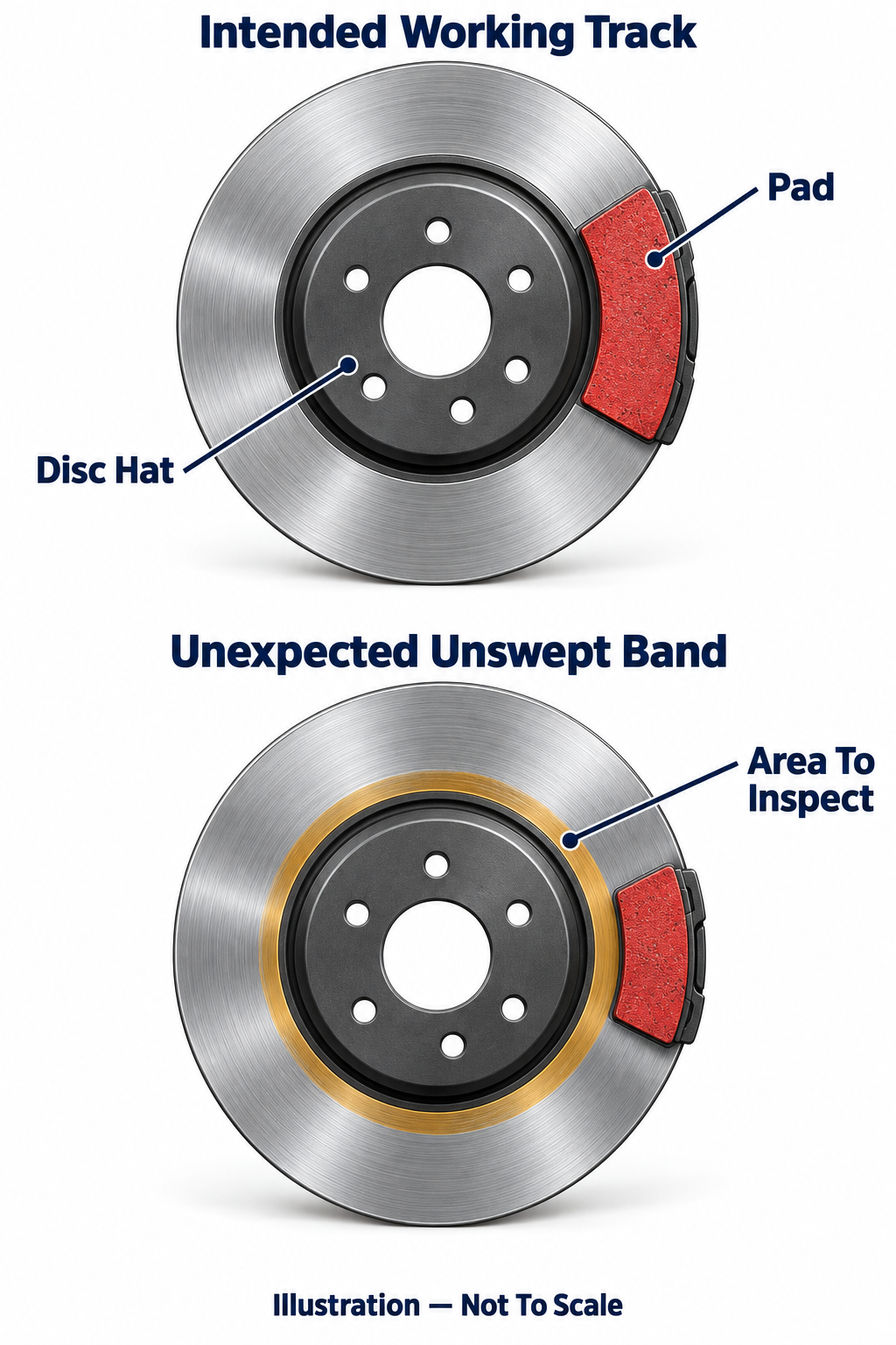 Illustration comparing a brake rotor’s intended working track with an amber unswept inner band.