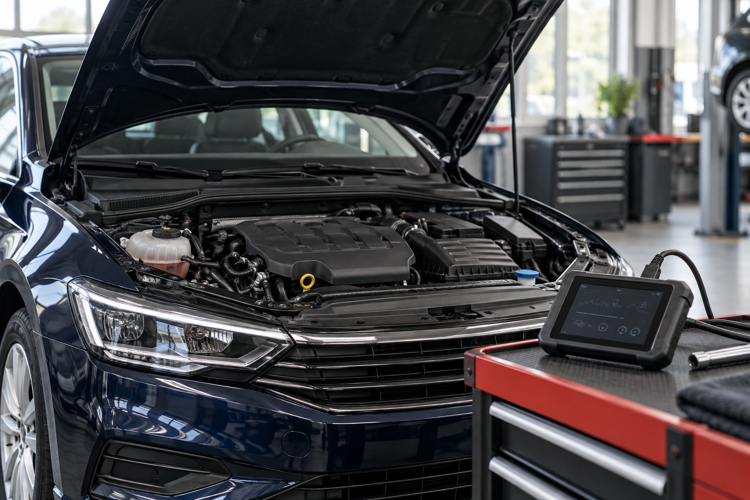 Dark blue car with its hood raised beside a diagnostic scanner in a workshop.
