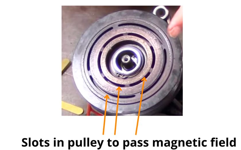 A/C clutch pulley with slots highlighted by arrows.