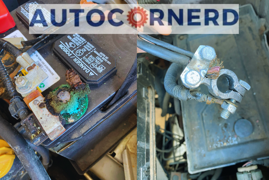 Battery terminals and cables with visible corrosion and damaged insulation.