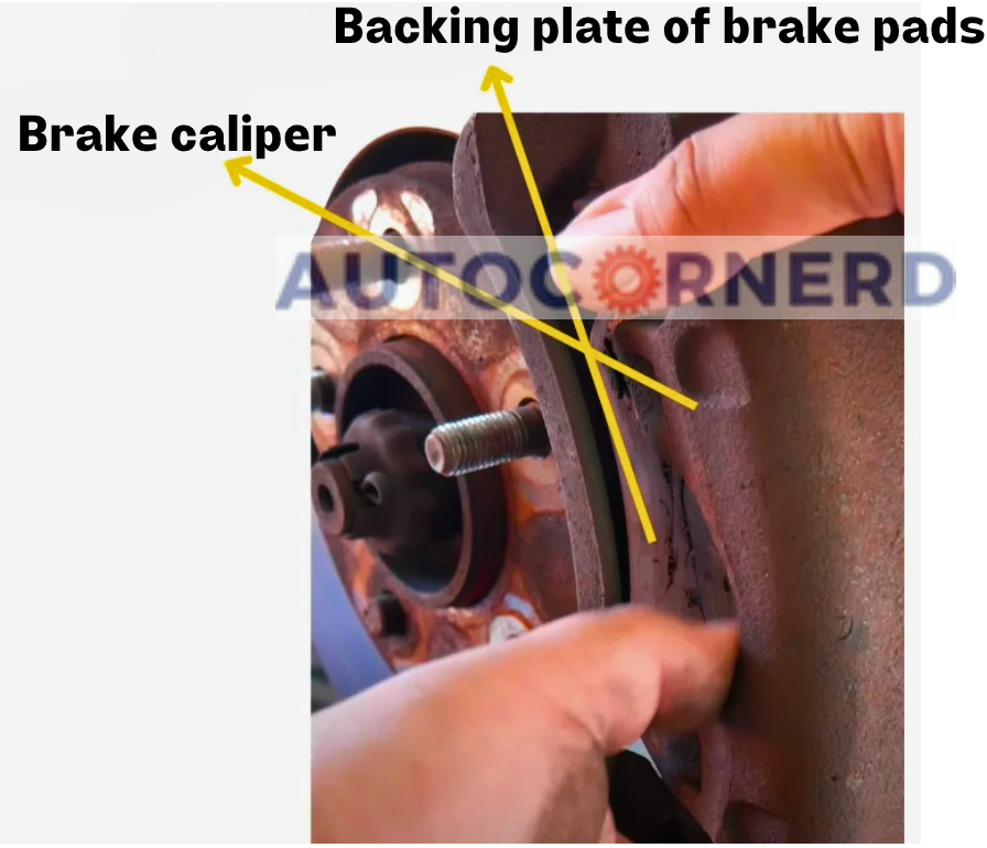 Brake assembly with the caliper and brake-pad backing plate identified.