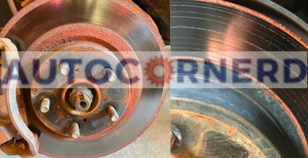 Two brake-rotor surfaces comparing rust and circumferential grooves.