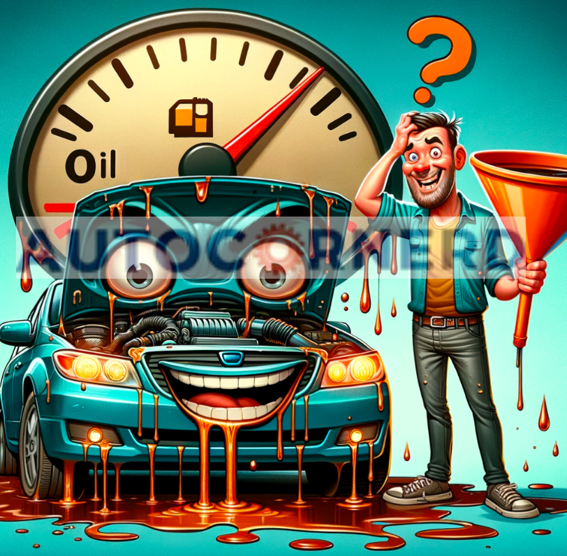 Cartoon of oil dripping around a car, an oil gauge, and a person holding a dipstick.