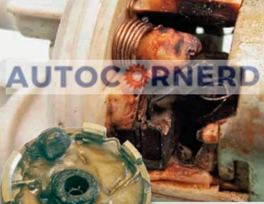 Disassembled fuel-pump motor showing copper windings and internal components.