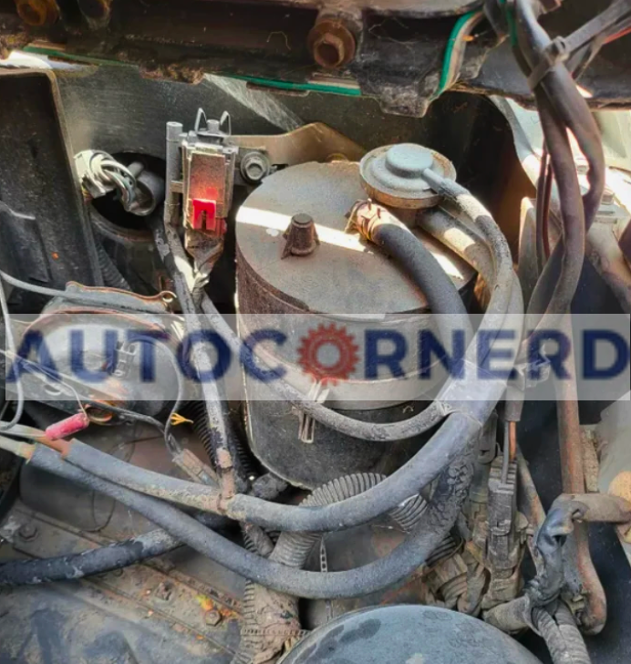 Charcoal canister and connected vapor hoses in an engine bay.