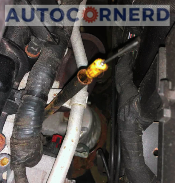 Oil dipstick handle beside its tube in an engine bay.