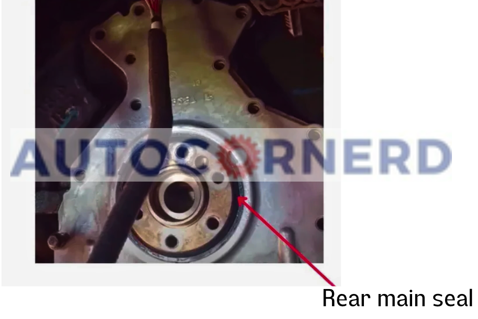 Rear of an engine with the rear main seal location marked.