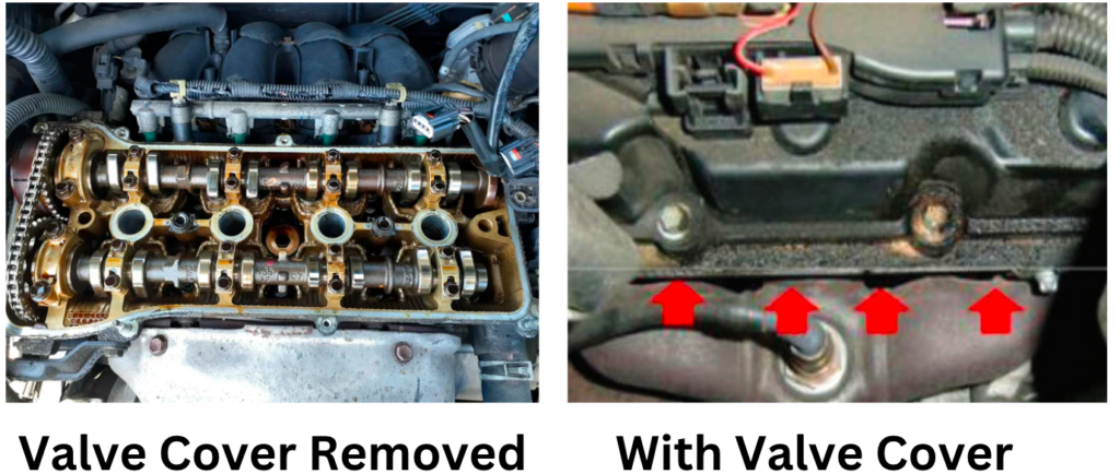 Engine photos comparing the valve cover installed and removed, with its sealing area marked.
