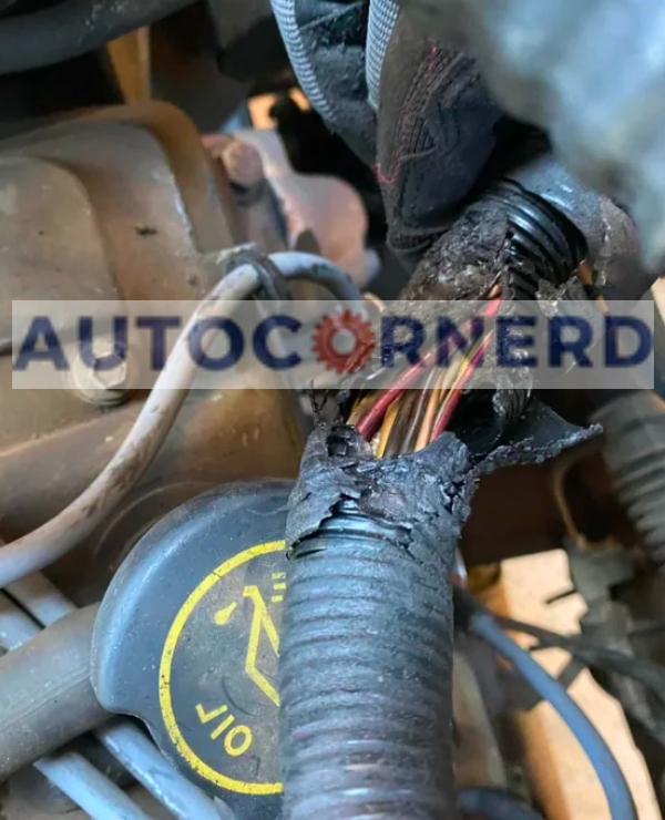 Engine wiring loom with exposed conductors and damaged outer wrapping.