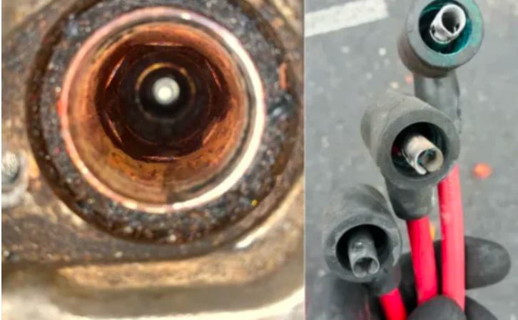 Ignition-component close-ups showing a corroded plug well and lead sockets.
