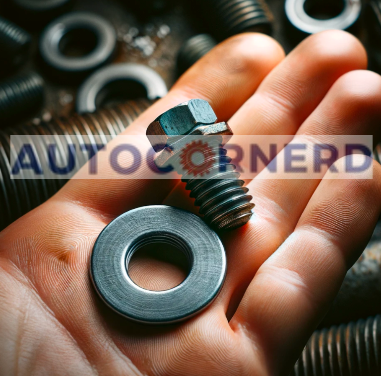 Oil-drain plug and sealing washer resting in a person’s hand.