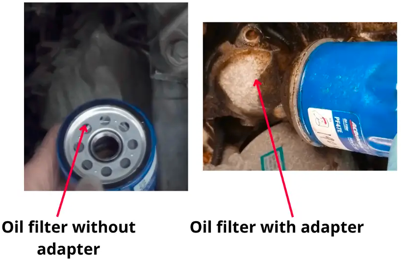 Side-by-side oil-filter installations labeled with and without an adapter.