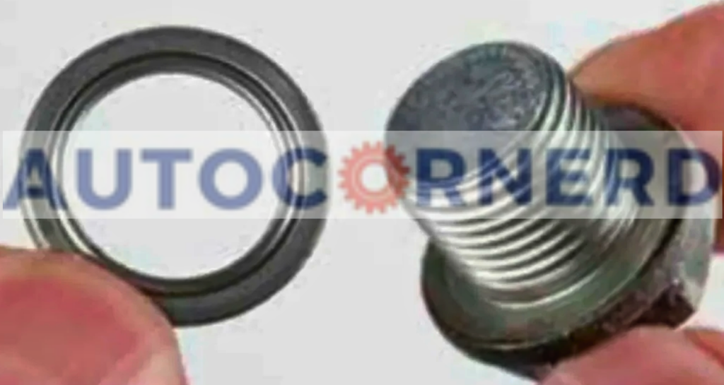 Oil-pan drain plug and separate sealing washer held side by side.