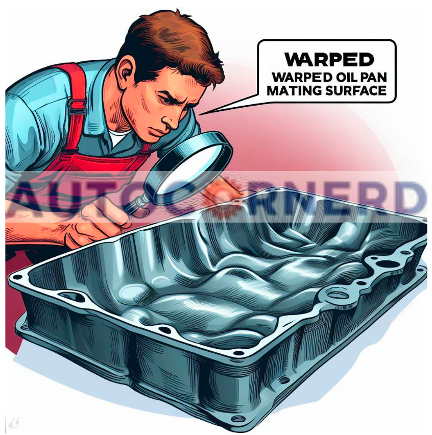 Illustration of a person inspecting the wavy sealing flange of an oil pan.
