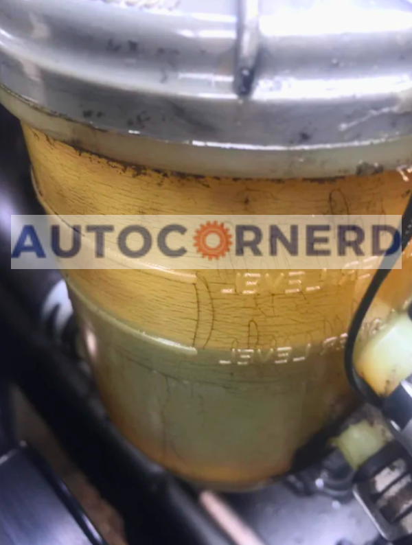 Power-steering fluid reservoir with its cap and side hose visible.