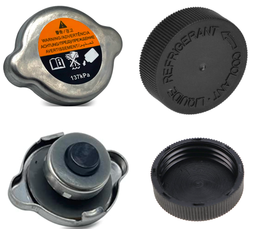 Comparison of a metal radiator pressure cap and a plastic coolant-reservoir cap.