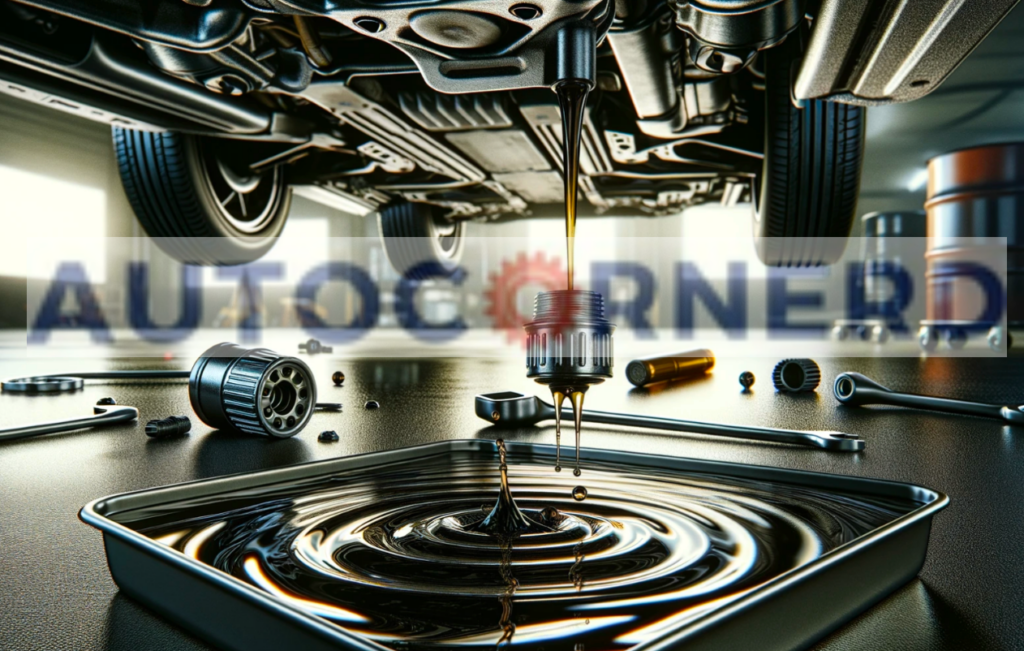 Illustration of fluid draining beneath a raised vehicle into a collection tray.