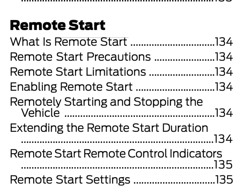 Owner’s manual index listing remote-start instructions, precautions, and settings.