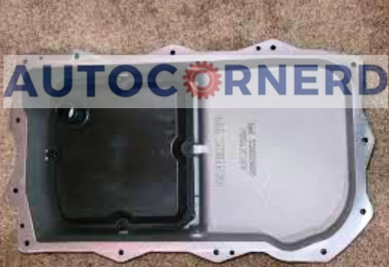 Removed transmission pan with its filter and perimeter sealing surface visible.