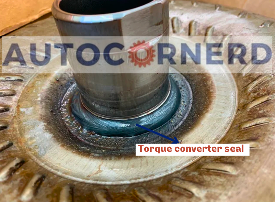 Transmission front seal identified around the torque-converter mounting opening.