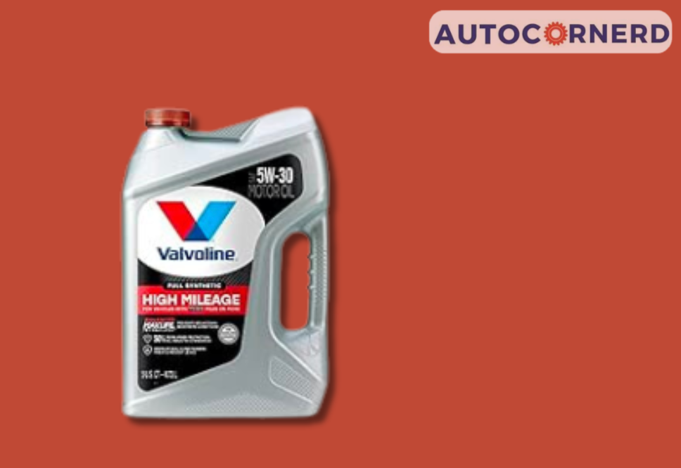 Valvoline High Mileage 5W-30 motor-oil container against a red background.