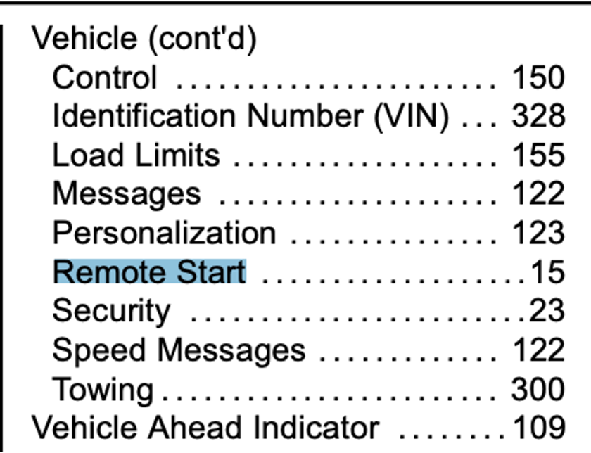 Vehicle manual index with the Remote Start entry highlighted.