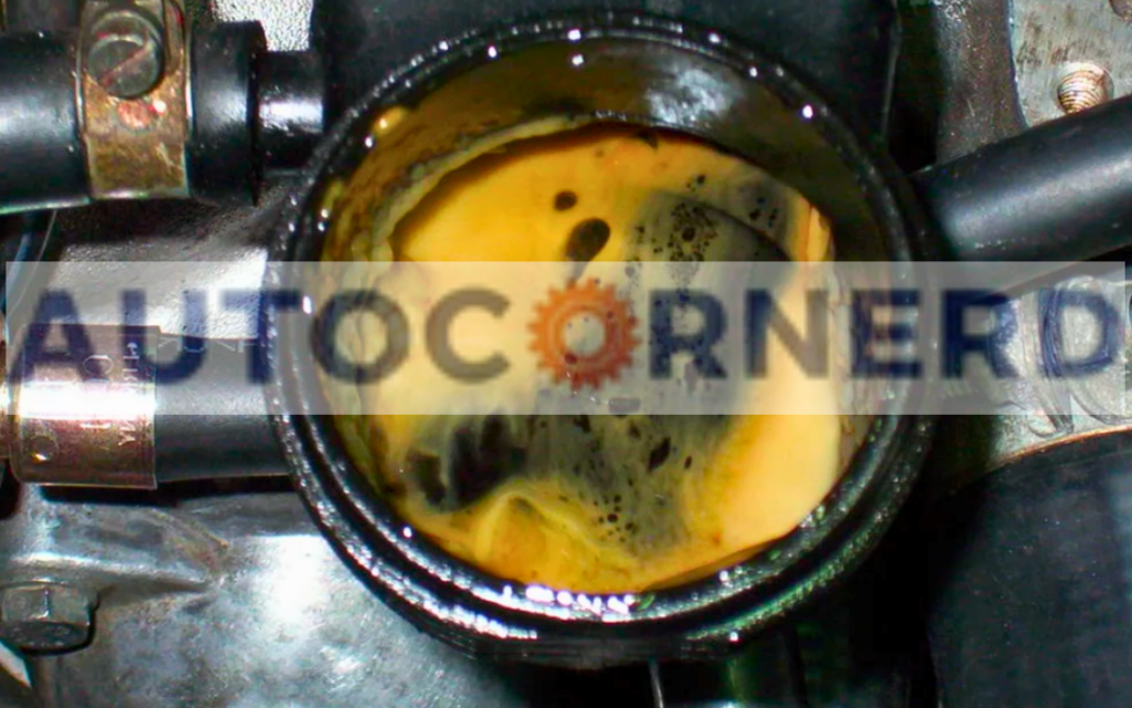 Yellow frothy fluid visible inside an engine filler opening.