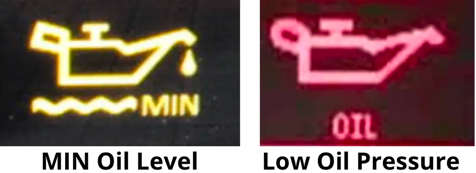 Dashboard examples comparing a yellow minimum-oil-level symbol and a red low-oil-pressure symbol.