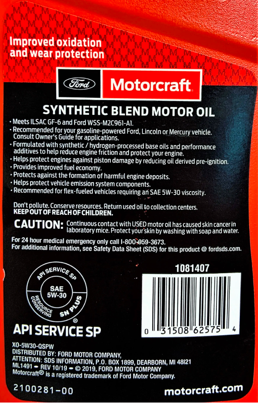 Motorcraft synthetic blend oil meets API SP/GF-6 requirements