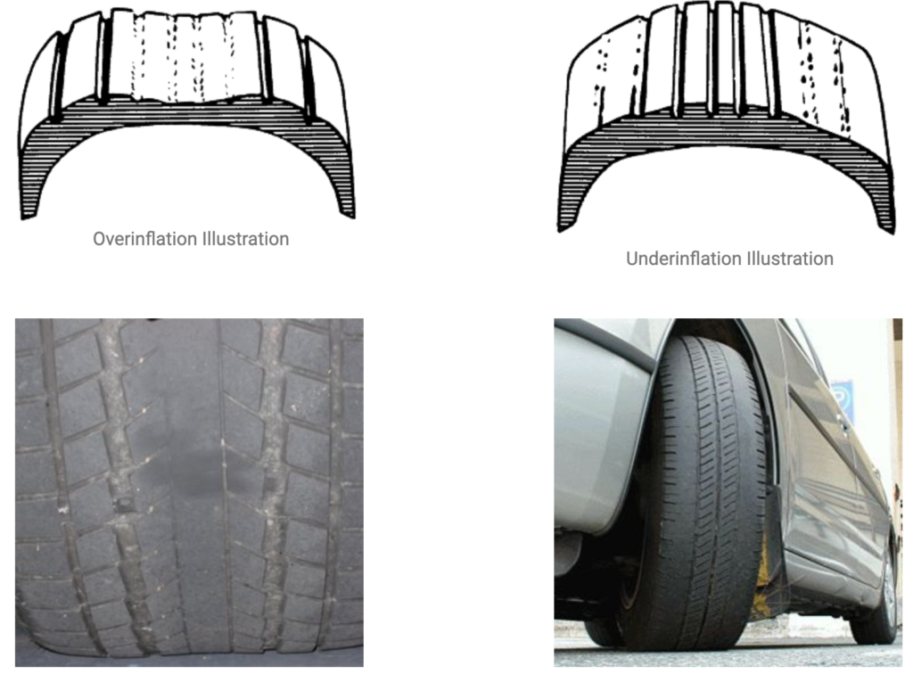 uneven tires wear due to overinflation and underinflation