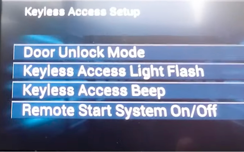 Turning on remote starter setting from the display