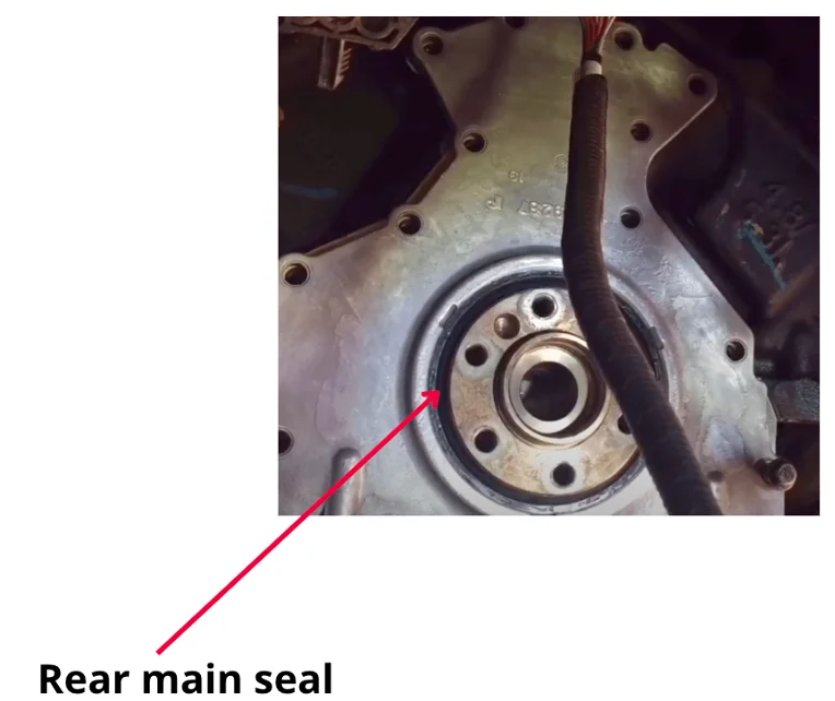 Damaged rear main seal causes oil leakage that you can see around flywheel and bellhousing