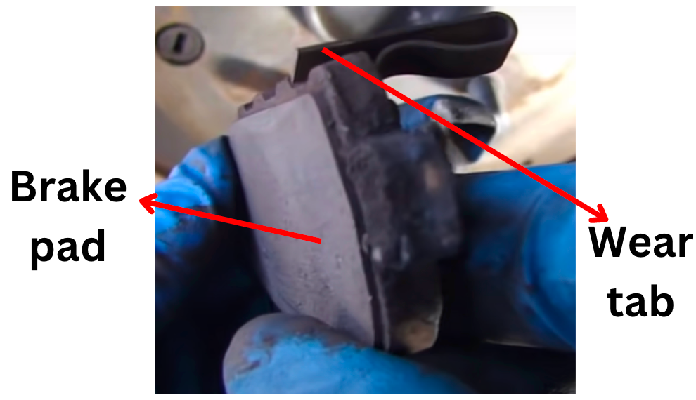 Hand holding a brake pad with visible wear indicator tab, indicating the level of wear on the brake pad material, often associated with a groaning noise during low-speed braking due to friction.
