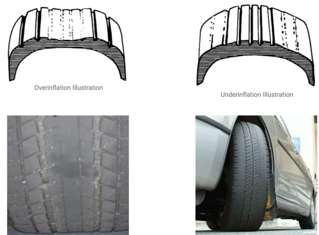 signs of uneven tire wear when underinflated and overinflated