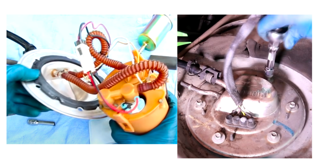 Split image showing a fuel pump assembly with its metal cover, alongside a hand using tools to tighten nuts and fasteners for secure assembly in a vehicle.