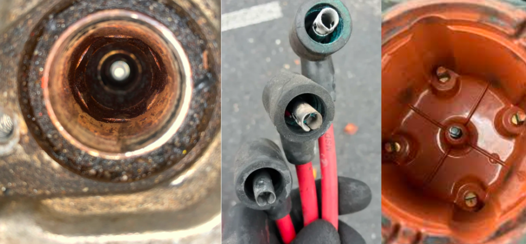 A triptych image displaying various ignition system components: a rusty spark plug well, a set of spark plug wires with distinct green and red coloring, and a distributor cap with bolted connections, all of which can contribute to a car idling normally but sputtering during acceleration if faulty.
