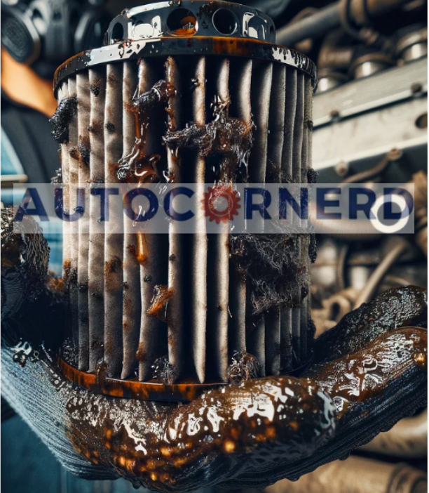 A close-up view of a clogged oil filter, covered in thick, dark sludge, restricting oil circulation effectively. The filter is held by a gloved hand, showcasing the severity of the clog against the backdrop of an engine compartment. The intricate details of the engine components are slightly visible in the background.