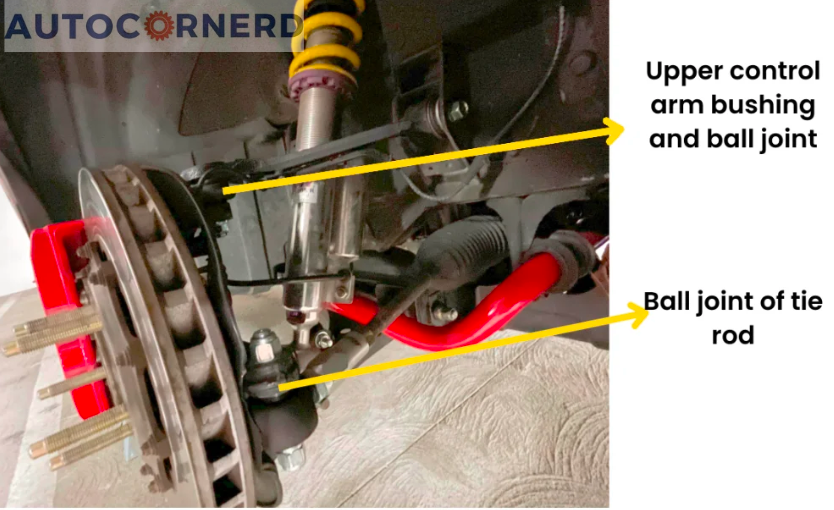 : A detailed view of a car’s suspension system, showcasing the upper control arm bushing and ball joint, as well as the ball joint of the tie rod. The components are highlighted with yellow annotations for clarity. The worn suspension parts are visible and could potentially squeak when turning, emphasizing the need for regular maintenance to ensure vehicle safety and performance.