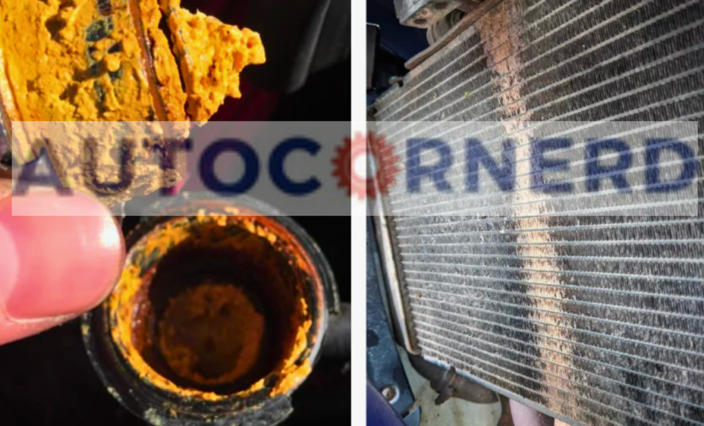 Split image displaying a severely clogged vehicle radiator core and a close-up of a rust-contaminated radiator cap, indicative of cooling system issues leading to high engine temperatures and potential AC shutdown.