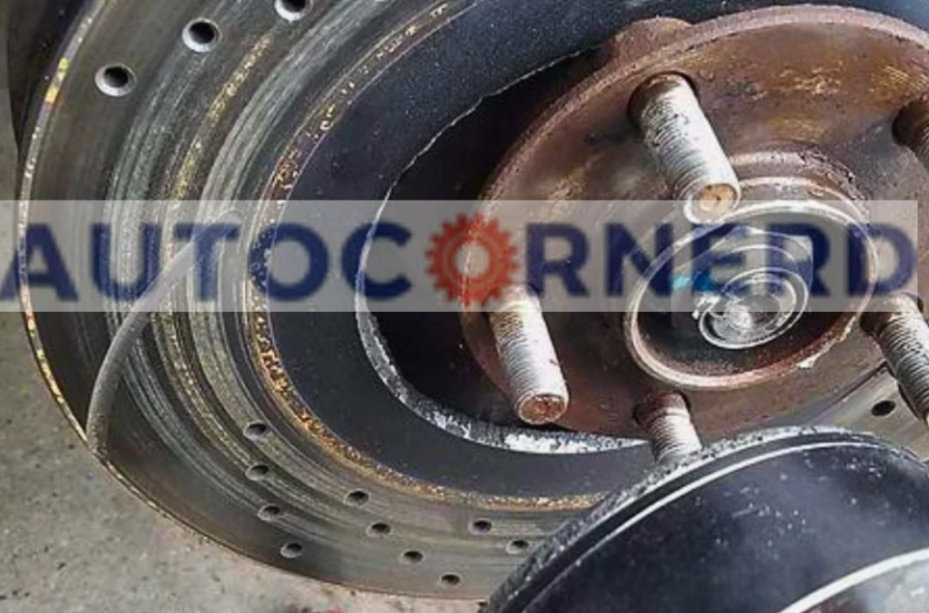 Visual inspection of a vehicle's brake rotor displaying scoring and signs of warping. The uneven surface and discoloration are telltale indicators that could lead to a groaning noise when braking at low speeds, often due to uneven contact with the brake pads.