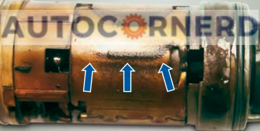 A close-up view of a faulty fuel pump, with visible signs of wear and damage, preventing pressurized fuel delivery. The rust and corrosion are evident, highlighted by three blue arrows pointing towards the affected areas