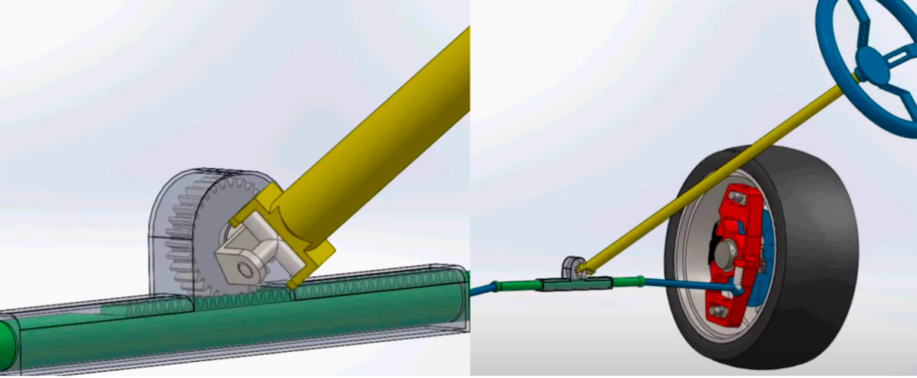 close up of 3d model of rack and pinion in steering system