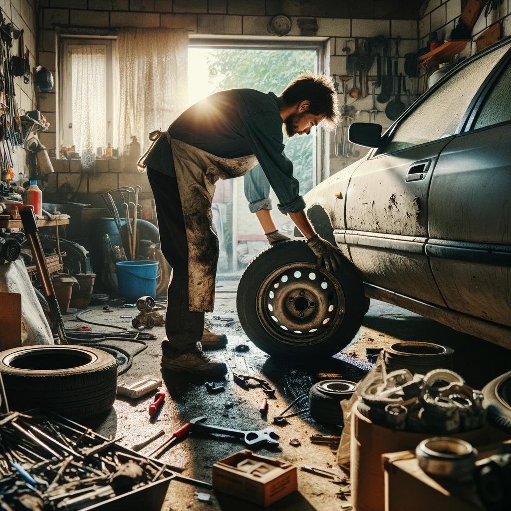 car owner trying to remove tire from car